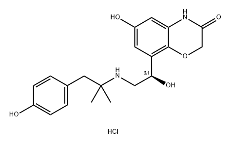 2H-1,4-Benzoxazin-3(4H)-one, 6-hydroxy-8-[(1R)-1-hydroxy-2-[[2-(4-hydroxyphenyl)-1,1-dimethylethyl]amino]ethyl]-, hydrochloride (1:1) Structure