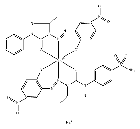 Cobaltate(1-), [4-[4,5-dihydro-4-[(2-hydroxy-5-nitrophenyl)azo]-3-methyl-5-oxo-1H-pyrazol-1-yl]benzenesulfonamidato(2-)][2,4-dihydro-4-[(2-hydroxy-5-nitrophenyl)azo]-5-methyl-2-phenyl-3H-pyrazol-3-onato(2-)]-, sodium Structure