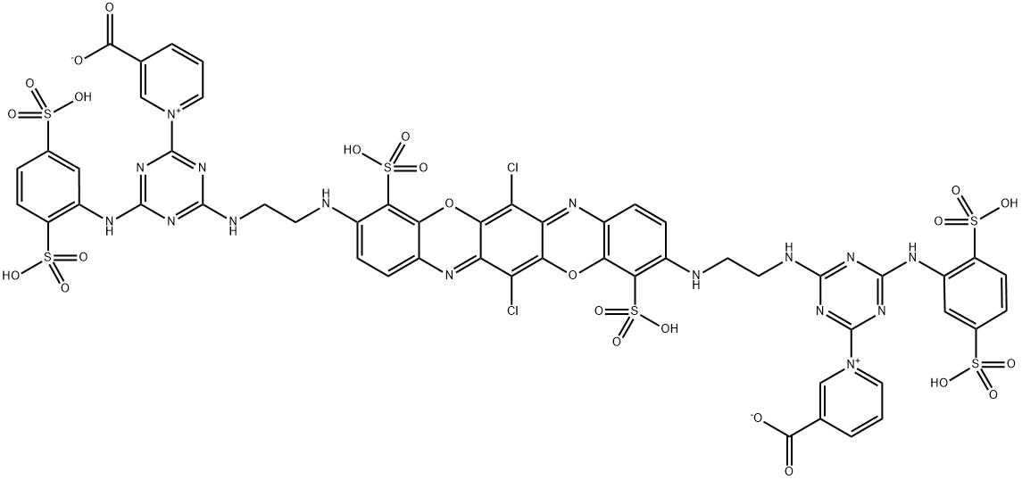 Pyridinium, 1,1'-[(6,13-dichloro-4,11-disulfotriphenodioxazine-3,10-diyl)bis[imino-2,1-ethanediylimino[6-[(2,5-disulfophenyl)amino]-1,3,5-triazine-4,2-diyl]]]bis[3-carboxy-, dihydroxide, bis(inner salt)  Structure