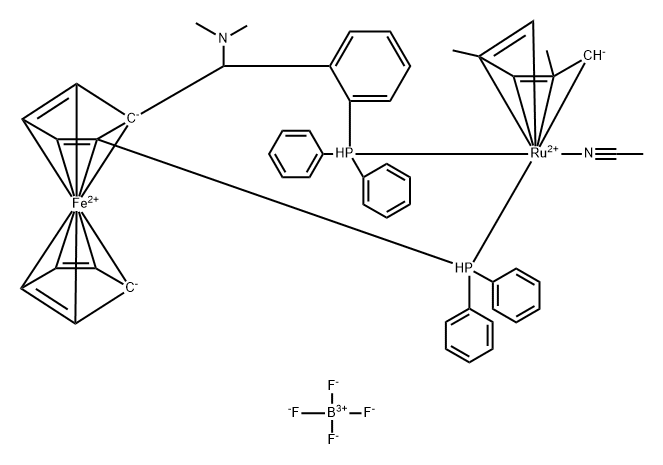 ((S)-1-Diphenyl phosphino-2-[(R)-a-(N,N-dimethyl amino)-o-diphenyl phosphinophenyl)methyl]ferrocene)-(eta5-2,4-dimethyl pentadienyl)(N-acetonitrile)ruthenium(II)tetrafluoroborate Structure