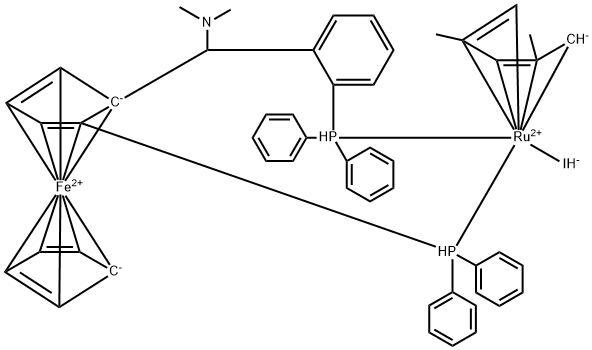 ((R)-1-DIPHENYLPHOSPHINO-2-[(R)-A-(N,N-DIMETHYLAMINO)-O-DIPHENYLPHOSPHINOPHENYL)METHYL]FERROCENE)- (N5-2,4-DIMETHYLPENTADIENYL)-RUTHENIUM-IODIDE Structure