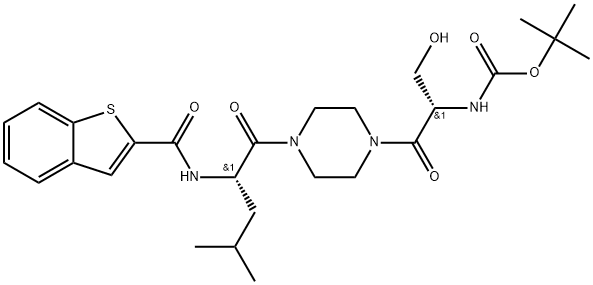 tert-butyl N-[(2R)-1-{4-[(2R)-2-[(1-benzothiophen-2-yl)formamido]-4-methylpentanoyl]piperazin-1-yl}-3-hydroxy-1-oxopropan-2-yl]carbamate Structure