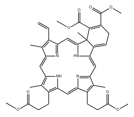 23H,25H-Benzo[b]porphine-9,13-dipropanoic acid, 19-ethenyl-3,22a-dihydro-1,2-bis(methoxycarbonyl)-8,14,18,22a-tetramethyl-, dimethyl ester (9CI) 구조식 이미지