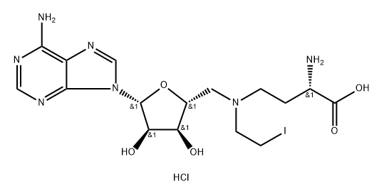 (S)-2-amino-4-((((2R,3S,4R,5R)-5-(6-amino-9H-purin-9-yl)-3,4-dihydroxytetrahydrofuran-2-yl)methyl)(2-iodoethyl)amino)butanoic acid dihydrochloride 구조식 이미지