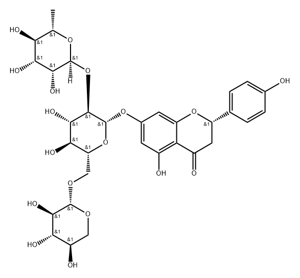 4H-1-Benzopyran-4-one, 7-[(O-6-deoxy-α-L-mannopyranosyl-(1→2)-O-[β-D-xylopyranosyl-(1→6)]-β-D-glucopyranosyl)oxy]-2,3-dihydro-5-hydroxy-2-(4-hydroxyphenyl)-, (2S)- 구조식 이미지