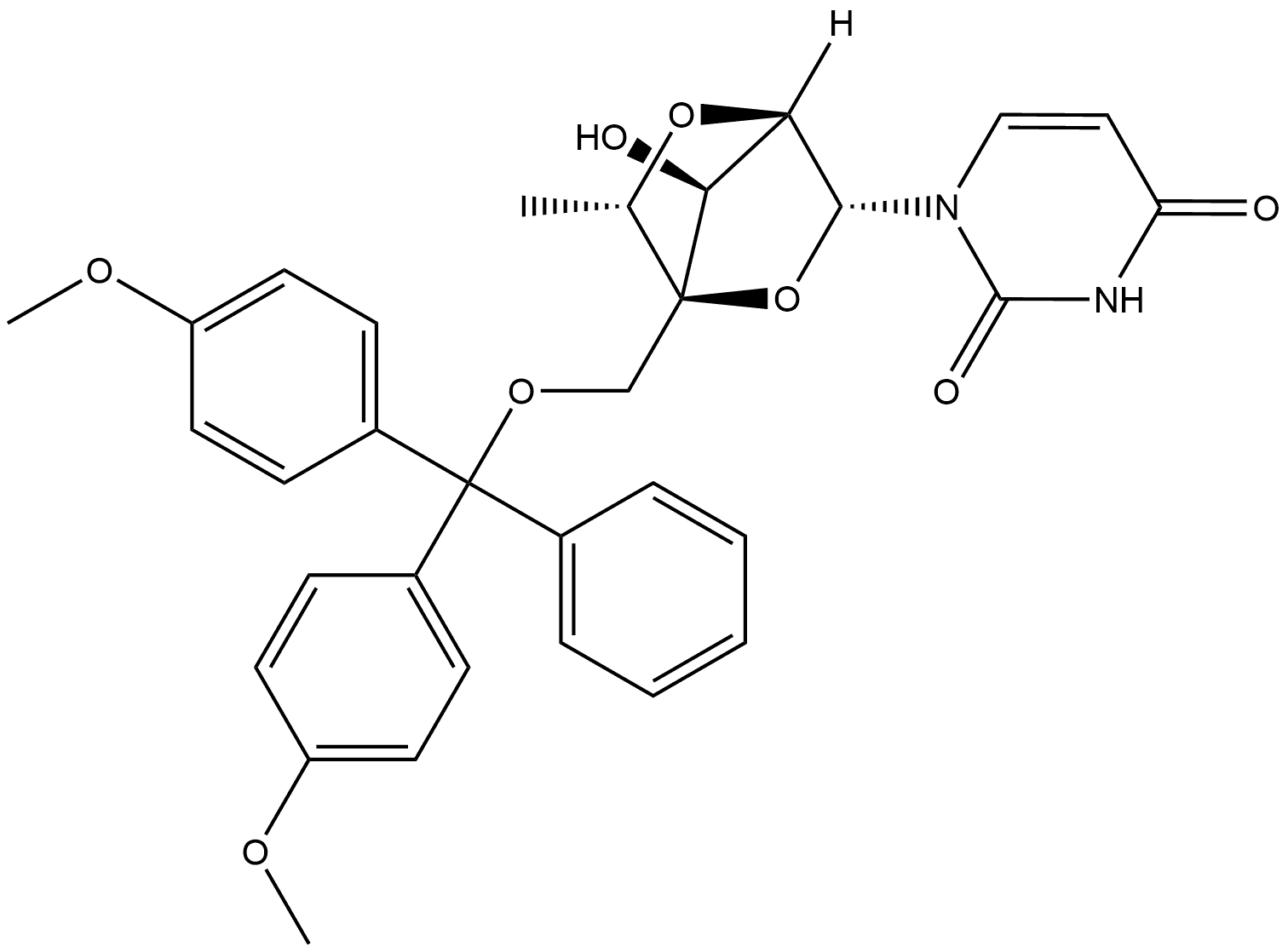 2,4(1H,3H)-Pyrimidinedione, 1-[2,5-anhydro-4-C-[[bis(4-methoxyphenyl)phenylmethoxy]methyl]-6-deoxy-α-L-mannofuranosyl]- Structure