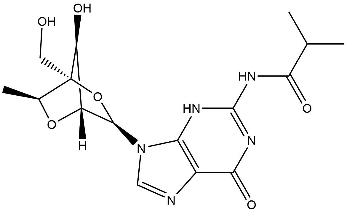 Propanamide, N-[9-[2,5-anhydro-6-deoxy-4-C-(hydroxymethyl)-α-L-mannofuranosyl]-6,9-dihydro-6-oxo-1H-purin-2-yl]-2-methyl- Structure