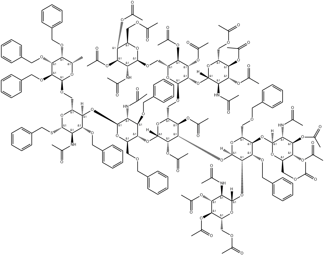 Phenylmethyl O-3,4,6-tri-O-acetyl-2-(acetylamino)-2-deoxy-beta-D-glucopyranosyl-(1-2)-O-[3,4,6-tri-O-acetyl-2-(acetylamino)-2-deoxy-beta-D-glucopyranosyl-(1-4)]-O-3,6-bis-O-(phenylmethyl)-alpha-D-mannopyranosyl-(1-3)-O-[O-3,4,6-tri-O-acetyl-2-(acetylamino)-2-deoxy-beta-D-glucopyranosyl-(1-2)-O-[3,4,6-tri-O-acetyl-2-(acetylamino)-2-deoxy-beta-D-glucopyranosyl-(1-6)]-3,4-di-O-acetyl-alpha-D-mannopyranosyl-(1-6)]-O-2,4-di-O-acetyl-beta-D-mannopyranosyl-(1-4)-O-2-(acetylamino)-2-deoxy-3,6-bis-O-(phenylmethyl)-beta-D-glucopyranosyl-(1-4)-O-[6-deoxy-2,3,4-tris-O-(phenylmethyl)-alpha-L-galactopyranosyl-(1-6)]-2-(acetylamino)-2-deoxy-3-O-(phenylmethyl)-1-thio-beta-D-glucopyranoside Structure