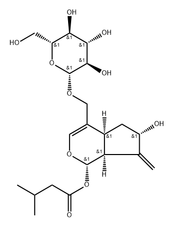 (1S)-4-[[(β-D-Glucopyranosyl)oxy]methyl]-1,4aα,5,6,7,7aα-hexahydro-6α-hydroxy-7-methylenecyclopenta[c]pyran-1α-yl=isovalerate 구조식 이미지
