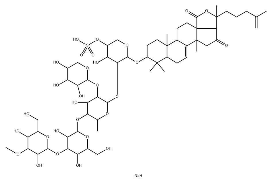 Lanosta-7,25-dien-18-oic acid, 20-hydroxy-3-[(O-3-O-methyl-β-D-glucopyranosyl-(1→3)-O-β-D-glucopyranosyl-(1→4)-O-[β-D-xylopyranosyl-(1→2)]-O-6-deoxy-β-D-glucopyranosyl-(1→2)-4-O-sulfo-β-D-xylopyranosyl)oxy]-16-oxo-, γ-lactone, sodium salt (1:1), (3β)- 구조식 이미지