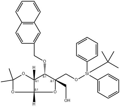 β-L-Lyxofuranose, 5-O-[(1,1-dimethylethyl)diphenylsilyl]-4-C-(hydroxymethyl)-1,2-O-(1-methylethylidene)-3-O-(2-naphthalenylmethyl)- Structure