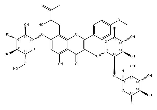 4H-1-Benzopyran-4-one, 3-[[6-deoxy-2-O-(6-deoxy-α-L-mannopyranosyl)-α-L-mannopyranosyl]oxy]-7-(β-D-glucopyranosyloxy)-5-hydroxy-8-(2-hydroxy-3-methyl-3-buten-1-yl)-2-(4-methoxyphenyl)- 구조식 이미지