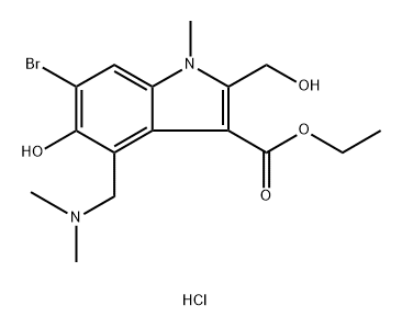 1H-Indole-3-carboxylic acid, 6-bromo-4-[(dimethylamino)methyl]-5-hydroxy-2-(hydroxymethyl)-1-methyl-, ethyl ester, hydrochloride (1:1) Structure