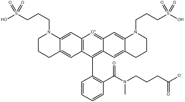 4-(2-(1,11-Bis(3-sulfopropyl)-1,2,3,4,8,9,10,11-octahydropyrano[3,2-g:5,6-g']diquinolin-13-ium-6-yl)-N-methylbenzamido)butanoate triethylamine salt Structure