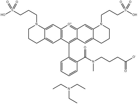 4-(2-(1,11-Bis(3-sulfopropyl)-1,2,3,4,8,9,10,11-octahydropyrano[3,2-g:5,6-g']diquinolin-13-ium-6-yl)-N-methylbenzamido)butanoate triethylamine salt Structure