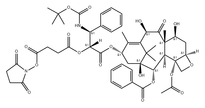 Butanedioic acid, 1-[(1R,2S)-1-[[[(2aR,4S,4aS,6R,9S,11S,12S,12aR,12bS)-12b-(acetyloxy)-12-(benzoyloxy)-2a,3,4,4a,5,6,9,10,11,12,12a,12b-dodecahydro-4,6,11-trihydroxy-4a,8,13,13-tetramethyl-5-oxo-7,11-methano-1H-cyclodeca[3,4]benz[1,2-b]oxet-9-yl]oxy]carbonyl]-2-[[(1,1-dimethylethoxy)carbonyl]amino]-2-phenylethyl] 4-(2,5-dioxo-1-pyrrolidinyl) ester 구조식 이미지