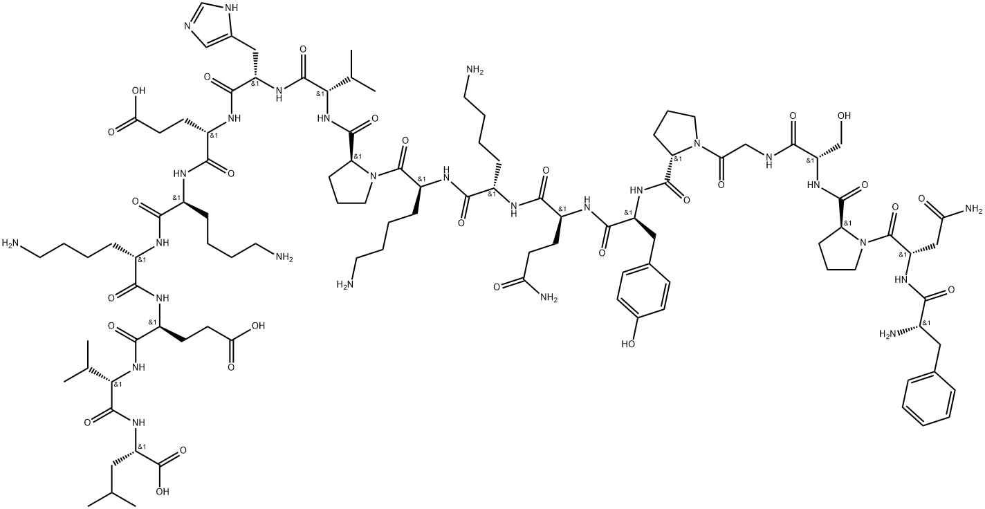 L-Leucine, L-phenylalanyl-L-asparaginyl-L-prolyl-L-serylglycyl-L-prolyl-L-tyrosyl-L-glutaminyl-L-lysyl-L-lysyl-L-prolyl-L-valyl-L-histidyl-L-α-glutamyl-L-lysyl-L-lysyl-L-α-glutamyl-L-valyl- 구조식 이미지
