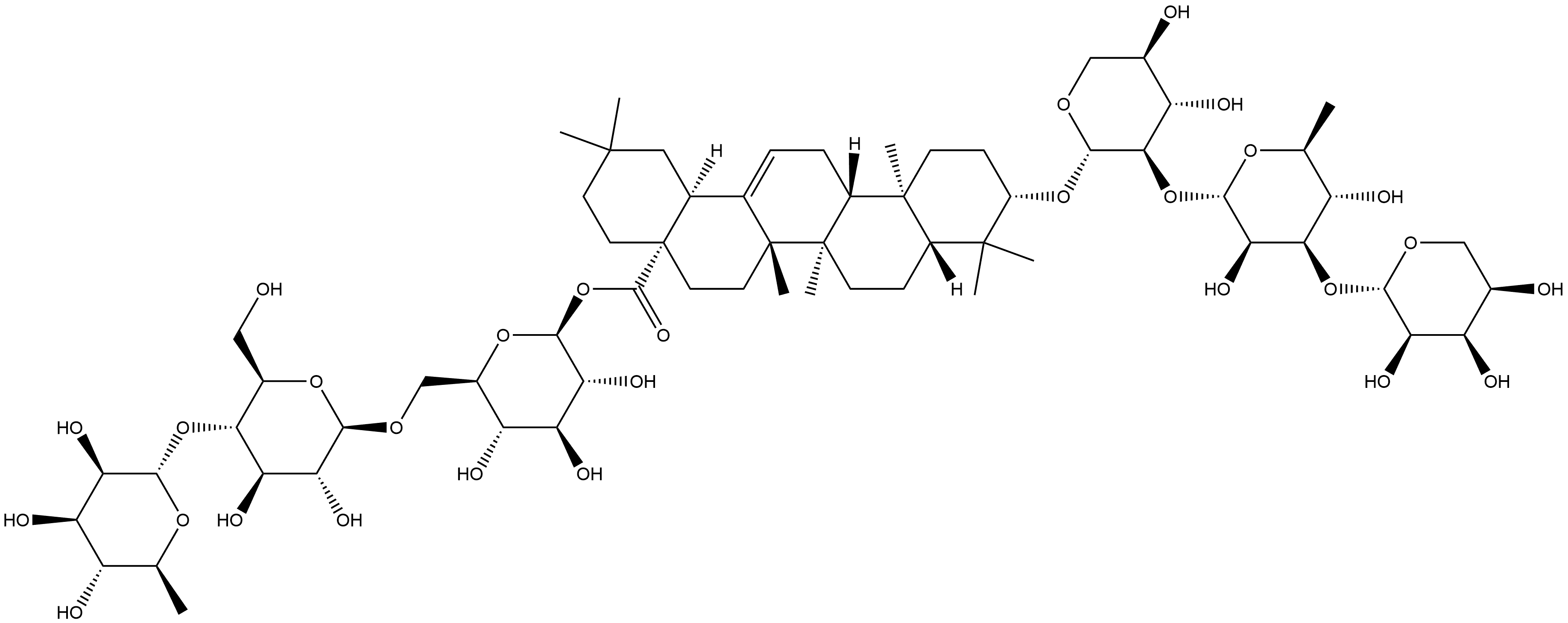 Olean-12-en-28-oic acid, 3-[(O-β-D-ribopyranosyl-(1→3)-O-6-deoxy-α-L-mannopyranosyl-(1→2)-β-D-xylopyranosyl)oxy]-, O-6-deoxy-α-L-mannopyranosyl-(1→4)-O-β-D-glucopyranosyl-(1→6)-β-D-glucopyranosyl ester, (3β)- Structure