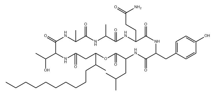 Cyclo[D-aThr-L-Ala-D-Ala-L-Gln-D-Tyr-L-Leu-2-deamino-3-(1-methylundecyl)-Ser*-] Structure