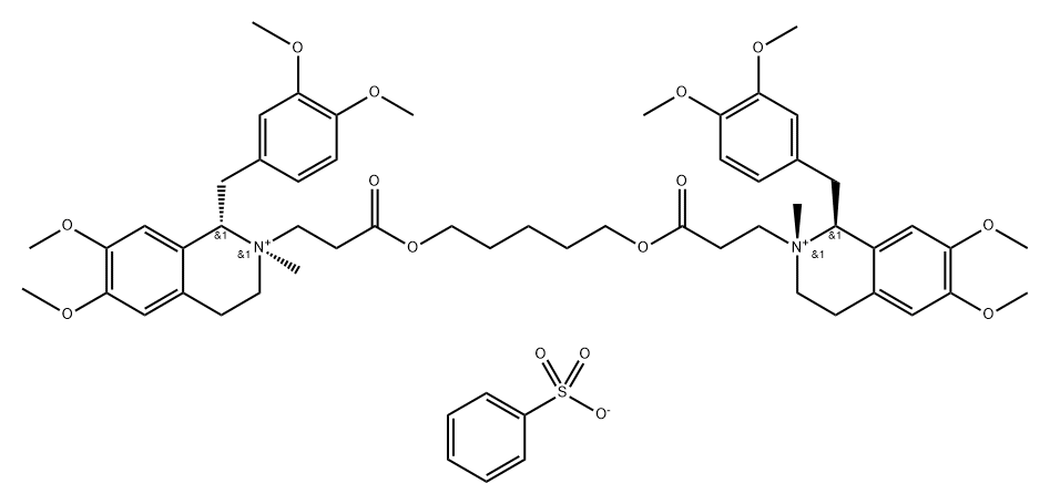 Isoquinolinium, 2,2'-[1,5-pentanediylbis[oxy(3-oxo-3,1-propanediyl)]]bis[1-[(3,4-dimethoxyphenyl)methyl]-1,2,3,4-tetrahydro-6,7-dimethoxy-2-methyl-, [1S-[1α,2β(1'R*,2'S*)]]-, dibenzenesulfonate (9CI) Structure