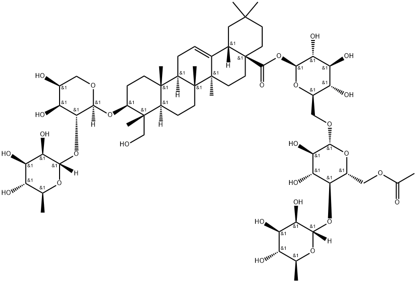 3β-[(2-O-α-L-Rhamnopyranosyl-α-L-arabinopyranosyl)oxy]-23-hydroxyoleana-12-ene-28-oic acid 6-O-(4-O-α-L-rhamnopyranosyl-6-O-acetyl-β-D-glucopyranosyl)-β-D-glucopyranosyl ester Structure