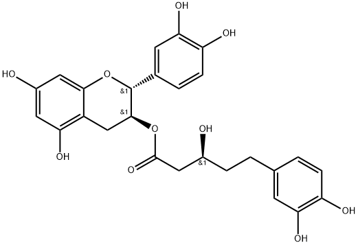 (-)-β,3,4-Trihydroxybenzenepentanoic acid 2-(3,4-dihydroxyphenyl)-3,4-dihydro-5,7-dihydroxy-2H-1-benzopyran-3-yl ester Structure