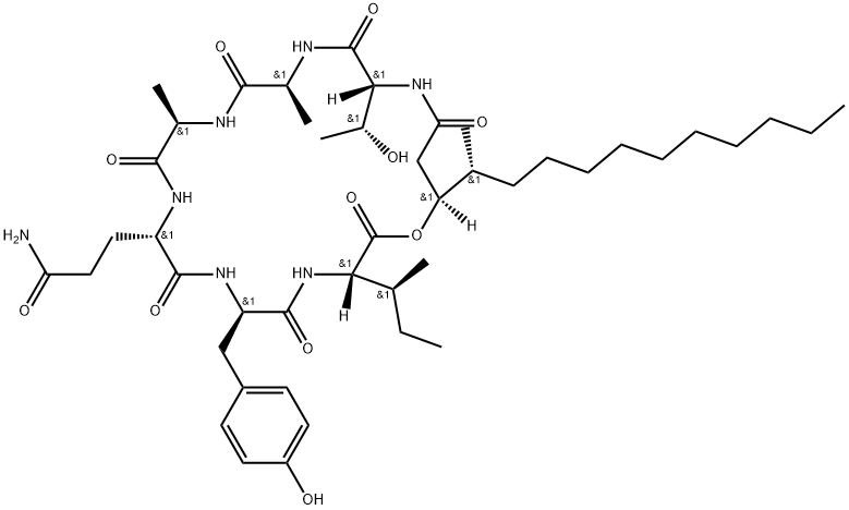 Cyclo[L-alanyl-D-alanyl-L-glutaminyl-D-tyrosyl-L-isoleucyl-(3S,4R)-3-hydroxy-4-methyltetradecanoyl-D-allothreonyl] Structure