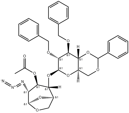 b-D-Glucopyranose, 1,6-anhydro-2-azido-4-O-[2,3-bis-O-(phenylMethyl)-4,6-O-(phenylMethyl ene)-b-D-glucopyranosyl]-2-deoxy-, 3-acetate 구조식 이미지