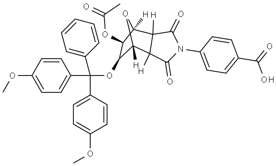 4-((4S,5S,6R,7R)-5-acetoxy-6-(bis(4-methoxyphenyl)(phenyl)methoxy)-1,3-dioxohexahydro-1H-4,7-epoxyisoindol-2(3H)-yl)benzoic acid Structure