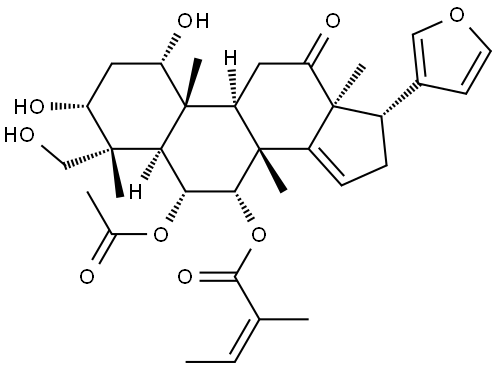 24-Norchola-14,20,22-trien-12-one, 6-(acetyloxy)-21,23-epoxy-1,3-dihydroxy-4-(hydroxymethyl)-4,8-dimethyl-7-[(2Z)-2-methyl-1-oxo-2-buten-1-yl]-, (1α,3α,4α,5α,6α,7α,13α,17α)- Structure