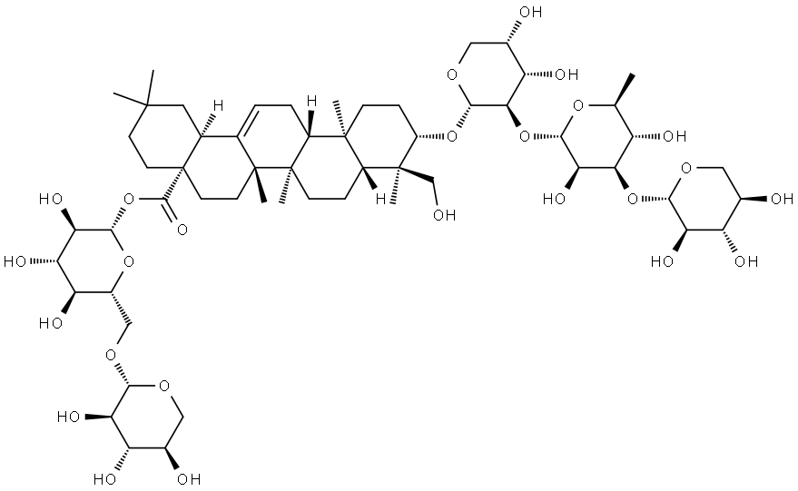 Olean-12-en-28-oic acid, 23-hydroxy-3-[(O-β-D-xylopyranosyl-(1→3)-O-6-deoxy-α-L-mannopyranosyl-(1→2)-α-L-arabinopyranosyl)oxy]-, 6-O-β-D-xylopyranosyl-β-D-glucopyranosyl ester, (3β,4α)- Structure