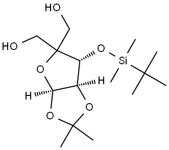 β-L-threo-Pentofuranose, 3-O-[(1,1-dimethylethyl)dimethylsilyl]-4-C-(hydroxymethyl)-1,2-O-(1-methylethylidene)- Structure