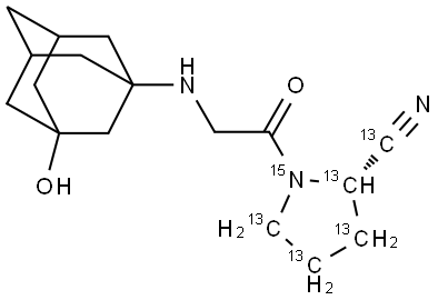 2-Pyrrolidine-2,3,4,5-13C4-1-15N-carbonitrile-13C, 1-[2-[(3-hydroxytricyclo[3.3.1.13,7]dec-1-yl)amino]acetyl]-, (2S)- Structure