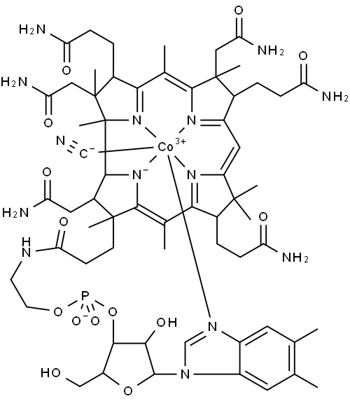 Cobyrinamide, Co-(cyano-κC)-Nf-(2-hydroxyethyl)-, dihydrogen phosphate (ester), inner salt, 3′-ester with (5,6-dimethyl-1-α-D-ribofuranosyl-1H-benzimidazole-κN3) Structure