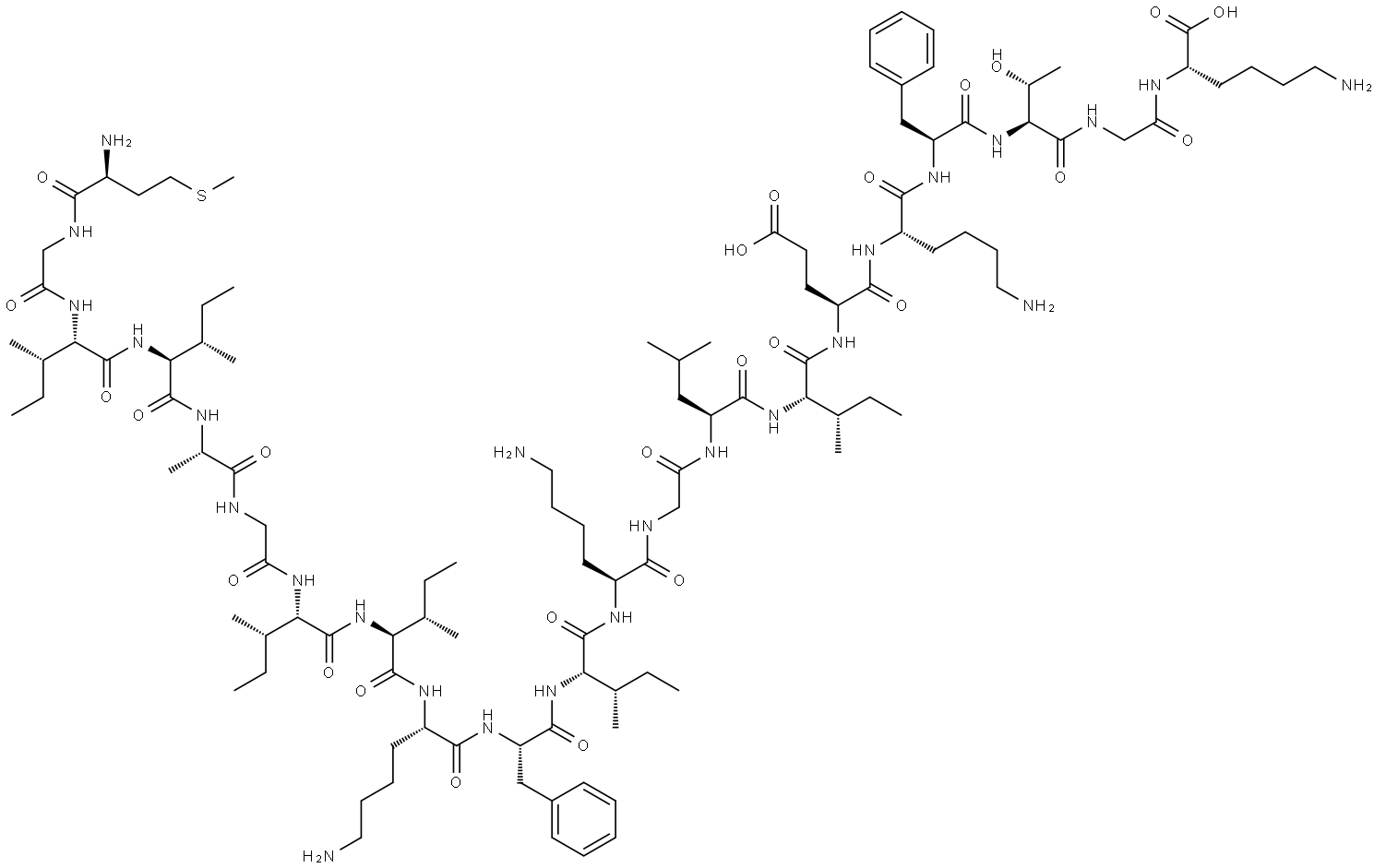 L-Lysine, L-methionylglycyl-L-isoleucyl-L-isoleucyl-L-alanylglycyl-L-isoleucyl-L-isoleucyl-L-lysyl-L-phenylalanyl-L-isoleucyl-L-lysylglycyl-L-leucyl-L-isoleucyl-L-α-glutamyl-L-lysyl-L-phenylalanyl-L-threonylglycyl- Structure