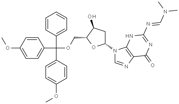 Guanosine, 5'-O-[bis(4-methoxyphenyl)phenylmethyl]-2'-deoxy-N-[(dimethylamino)methylene]-, [N(E)]- Structure