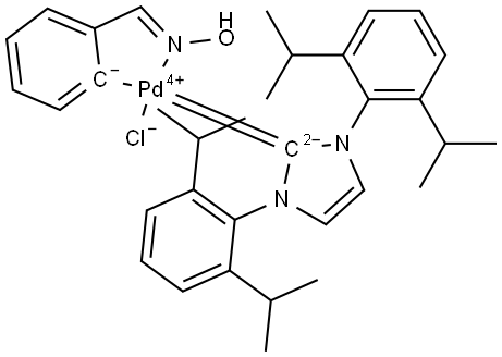 Palladium,[1,3-bis[2,6-bis(1-methylethyl)phenyl]-1,3-dihydro-2H-imidazol-2-ylidene]chloro[2-[(hydroxyimino-κN)methyl]phenyl-κC]- (ACI) Structure