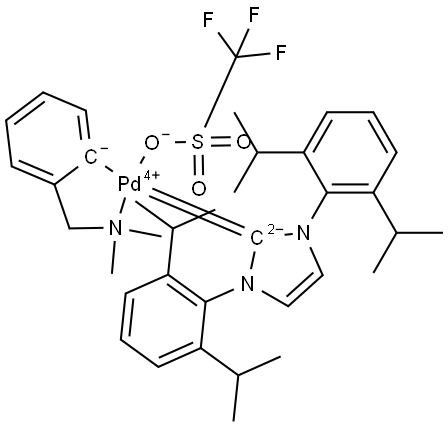 Palladium,[1,3-bis[2,6-bis(1-methylethyl)phenyl]-1,3-dihydro-2H-imidazol-2-ylidene][2-[(dimethylamino-κN)methyl]phenyl-κC](1,1,1-trifluoromethanesulfonato-κO)-, (SP-4-4)- (ACI) Structure