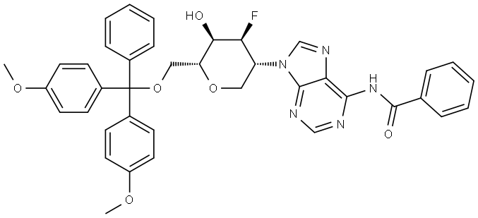 D-Altritol, 1,5-anhydro-2-[6-(benzoylamino)-9H-purin-9-yl]-6-O-[bis(4-methoxyphenyl)phenylmethyl]-2,3-dideoxy-3-fluoro- Structure