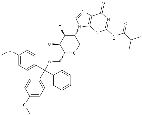 D-Altritol, 1,5-anhydro-6-O-[bis(4-methoxyphenyl)phenylmethyl]-2,3-dideoxy-2-[1,6-dihydro-2-[(2-methyl-1-oxopropyl)amino]-6-oxo-9H-purin-9-yl]-3-fluoro- Structure