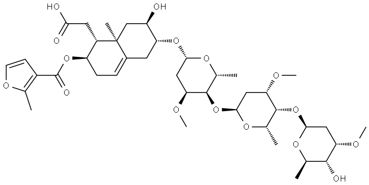 β-D-ribo-Hexopyranoside, (2R,3R,4aR,5R,6R)-5-(carboxymethyl)-1,2,3,4,4a,5,6,7-octahydro-3-hydroxy-4a-methyl-6-[[(2-methyl-3-furanyl)carbonyl]oxy]-2-naphthalenyl O-2,6-dideoxy-3-O-methyl-β-D-ribo-hexopyranosyl-(1→4)-O-2,6-dideoxy-3-O-methyl-α-L-lyxo-hexopyranosyl-(1→4)-2,6-dideoxy-3-O-methyl- 구조식 이미지