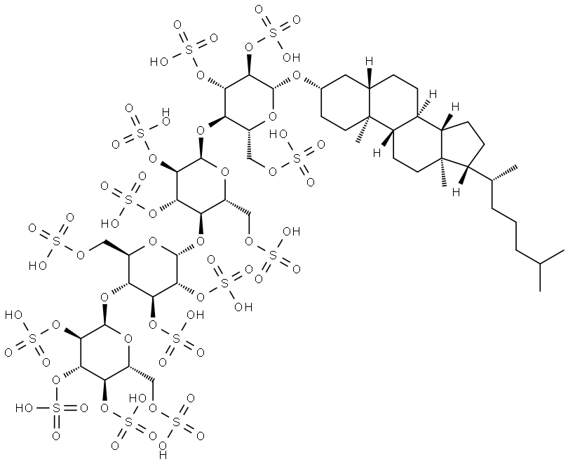 β-D-Glucopyranoside, (3β,5α)-cholestan-3-yl O-2,3,4,6-tetra-O-sulfo-α-D-glucopyranosyl-(1→4)-O-2,3,6-tri-O-sulfo-α-D-glucopyranosyl-(1→4)-O-2,3,6-tri-O-sulfo-α-D-glucopyranosyl-(1→4)-, 2,3,6-tris(hydrogen sulfate) Structure