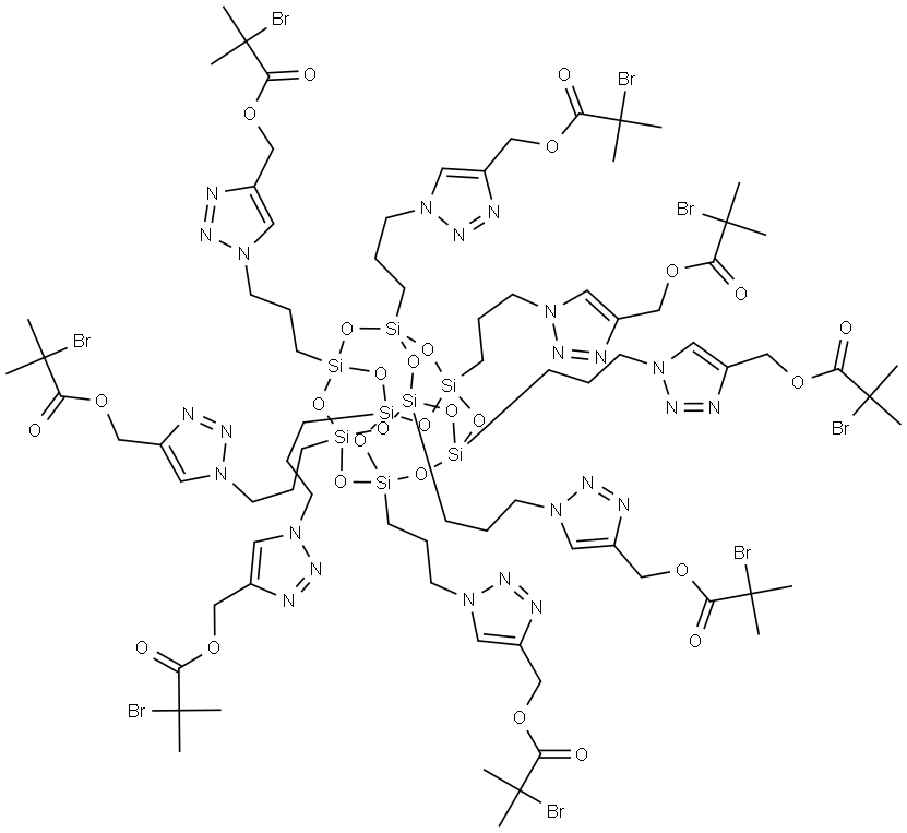 Propanoic acid, 2-bromo-2-methyl-, 1,1',1'',1''',1'''',1''''',1'''''',1'''''''-[pentacyclo[9.5.1.13,9.15,15.17,13]octasiloxane-1,3,5,7,9,11,13,15-octayloctakis(3,1-propanediyl-1H-1,2,3-triazole-1,4-diylmethylene)] ester Structure