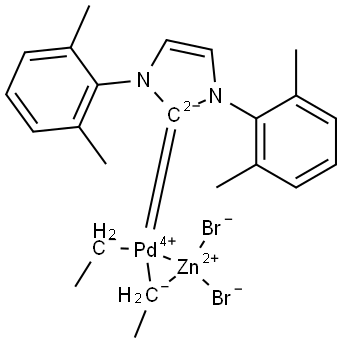 Palladium,[1,3-bis(2,6-dimethylphenyl)-1,3-dihydro-2H-imidazol-2-ylidene](dibromozinc)-μ-ethylethyl-, (Pd-Zn), stereoisomer (ACI) Structure