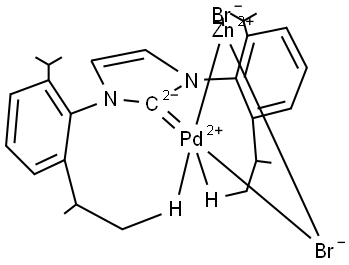 Palladium,μ-bromo(bromozinc)[rel-1,3-dihydro-1-[2-[(1R)-1-methylethyl-κH2]-6-(1-methylethyl)phenyl]-3-[2-[(1S)-1-methylethyl-κH2]-6-(1-methylethyl)phenyl]-2H-imidazol-2-ylidene-κC]- (ACI) Structure