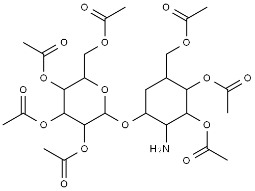 Acetic acid (2R,3R,4S,5S,6S)-3,5-diacetoxy-2-acetoxymethyl-6-((1R,2R,3S,4S,5S)-3,4-diacetoxy-5-acetoxymethyl-2-amino-cyclohexyloxy)-tetrahydro-pyran-4-yl ester Structure