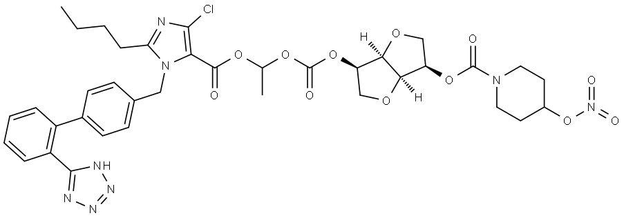 D-Mannitol, 1,4:3,6-dianhydro-, 2-[1-[[[2-butyl-4-chloro-1-[[2'-(2H-tetrazol-5-yl)[1,1'-biphenyl]-4-yl]methyl]-1H-imidazol-5-yl]carbonyl]oxy]ethyl carbonate] 5-[4-(nitrooxy)-1-piperidinecarboxylate] Structure