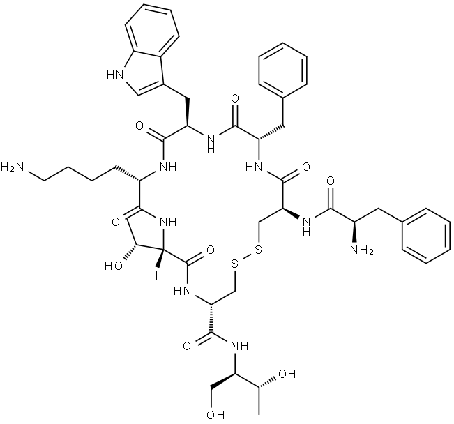 D-Cysteinamide, D-phenylalanyl-L-cysteinyl-L-phenylalanyl-D-tryptophyl-L-lysyl-L-threonyl-N-[(1R,2R)-2-hydroxy-1-(hydroxymethyl)propyl]-, cyclic (2→7)-disulfide Structure