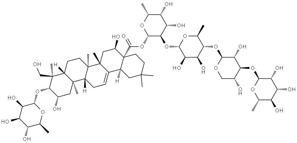 Olean-12-en-28-oic acid, 3-[(6-deoxy-α-L-mannopyranosyl)oxy]-2,16,23-trihydroxy-, O-6-deoxy-α-L-mannopyranosyl-(1→3)-O-β-D-xylopyranosyl-(1→4)-O-6-deoxy-α-L-mannopyranosyl-(1→2)-6-deoxy-β-D-galactopyranosyl ester, (2β,3β,4α,16α)- 구조식 이미지