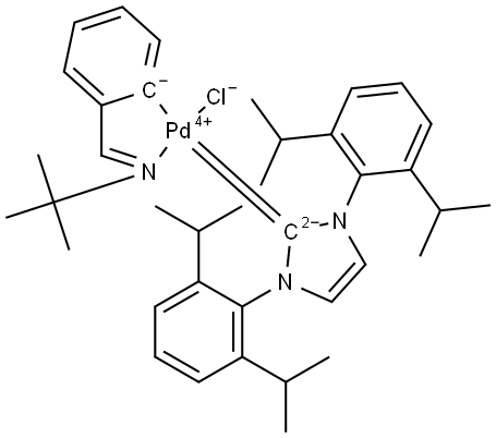 Palladium,[1,3-bis[2,6-bis(1-methylethyl)phenyl]-1,3-dihydro-2H-imidazol-2-ylidene]chloro[2-[[(1,1-dimethylethyl)imino-κN]methyl]phenyl-κC]-, (SP-4-4)- (ACI) Structure